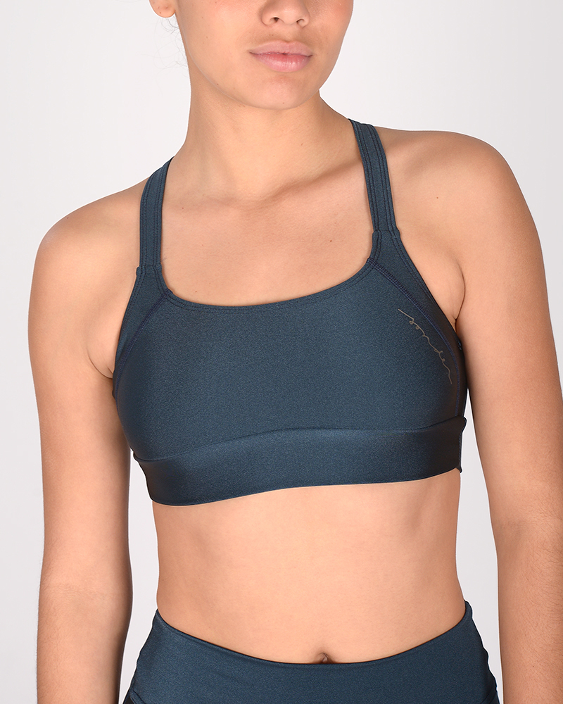 Top cruzado de LYCRA metalizada azul marino